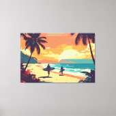 retro art surfers on beach キャンバスプリント (正面)