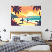 retro art surfers on beach キャンバスプリント (インサイチュ (寝室))