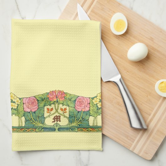 Retro Arts & Crafts or Craftsman Floral Frieze キッチンタオル (四つ折り)