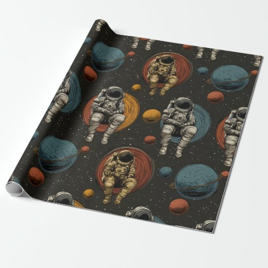 Retro Astronaut Space Scene Wrapping Paper ラッピングペーパー (アンロールド)