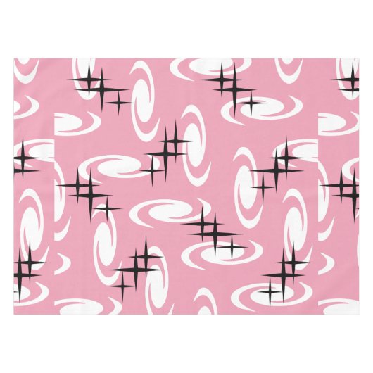 Retro Atomic Age Swirls Stars Pattern Pink テーブルクロス (正面(横))