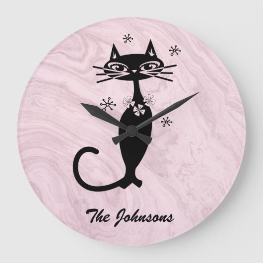 Retro Atomic Black Cat Personalized Kitchen Clock ラージ壁時計 (正面)