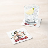 Retro Atomic Cat Pin-Up | "Happy Hour, Honey" Mid- スクエアペーパーコースター (インサイチュ)
