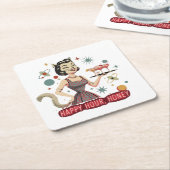 Retro Atomic Cat Pin-Up | "Happy Hour, Honey" Mid- スクエアペーパーコースター (アングル)