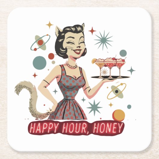 Retro Atomic Cat Pin-Up | "Happy Hour, Honey" Mid- スクエアペーパーコースター (正面)