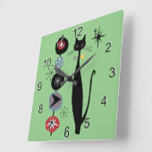 Retro Atomic Era Mid Century Modern MCM Cool Cat 3 スクエア壁時計 (傾斜)