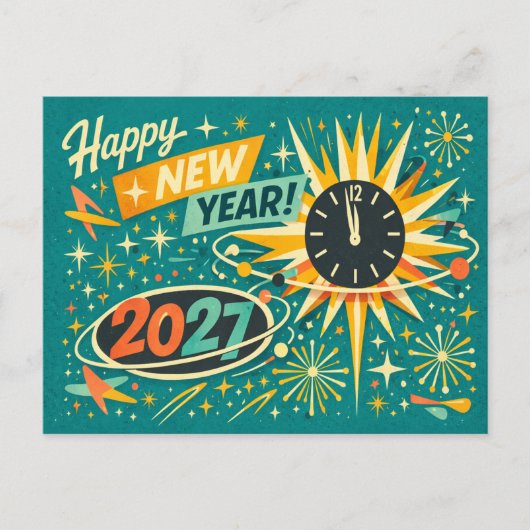 Retro Atomic Mid Century Happy New Year 2027 シーズンポストカード (正面)