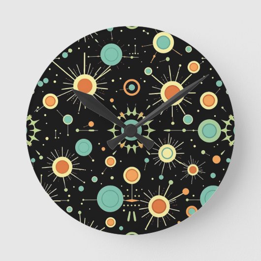 Retro Atomic Starburst Midcentury Pattern ラウンド壁時計 (正面)