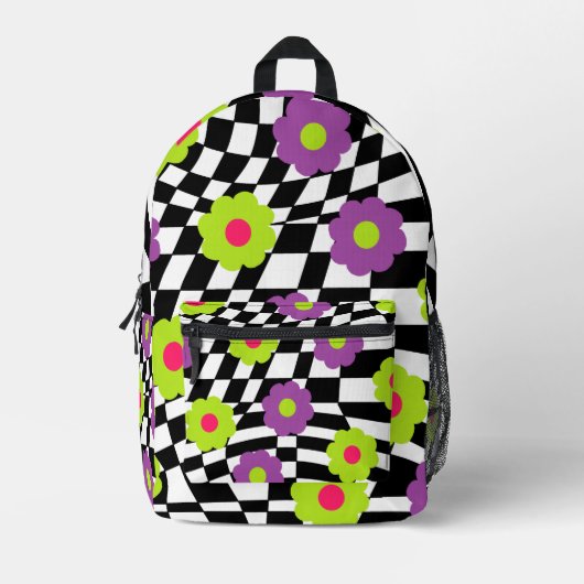 Retro Backpack with Checkers and Flowers プリントバックパック (正面)