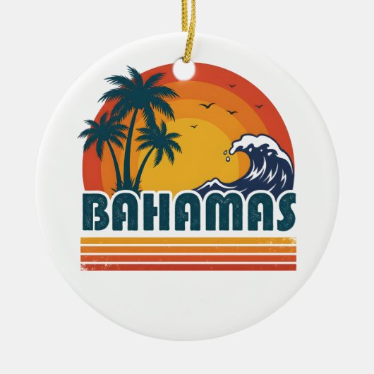 Retro Bahamas Beach Summer Sunset 70s Palm Tree セラミックオーナメント (正面)