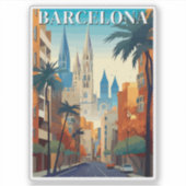Retro Barcelona Vintage Travel Illustration シール (正面)