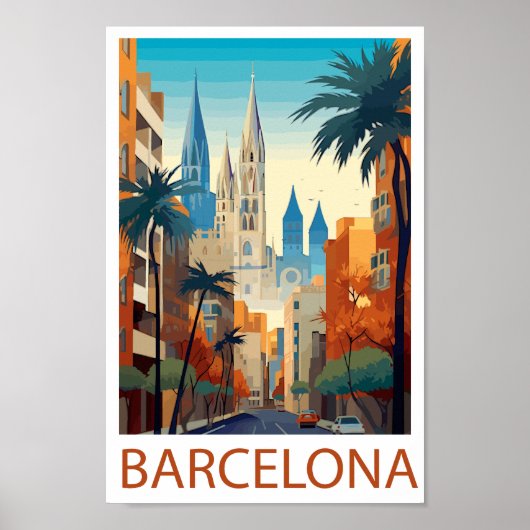 Retro Barcelona Vintage Travel Illustration ポスター (正面)