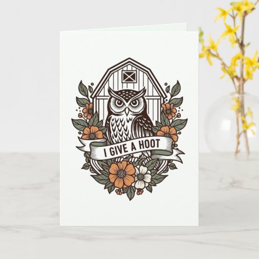 Retro barn owl 'I give a hoot' design カード (黄色い花)