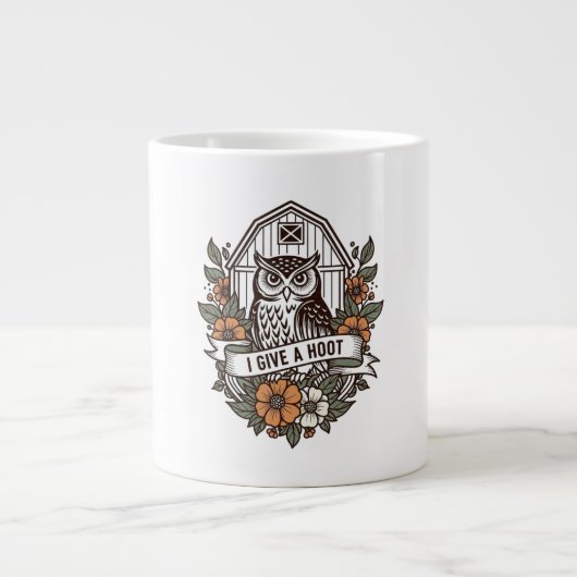 Retro barn owl 'I give a hoot' design ジャンボコーヒーマグカップ (正面)