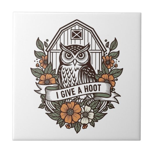 Retro barn owl 'I give a hoot' design タイル (正面)