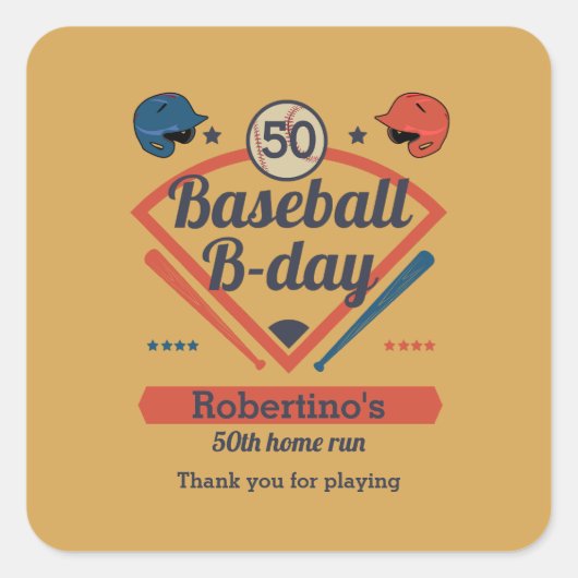 Retro Baseball B-Day Men's 50th Birthday スクエアシール (正面)