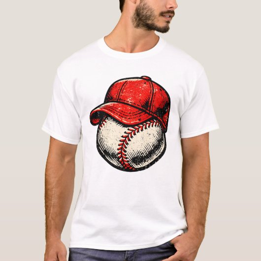 Retro Baseball Wearing Red Cap Sports Graphic Tシャツ (正面)