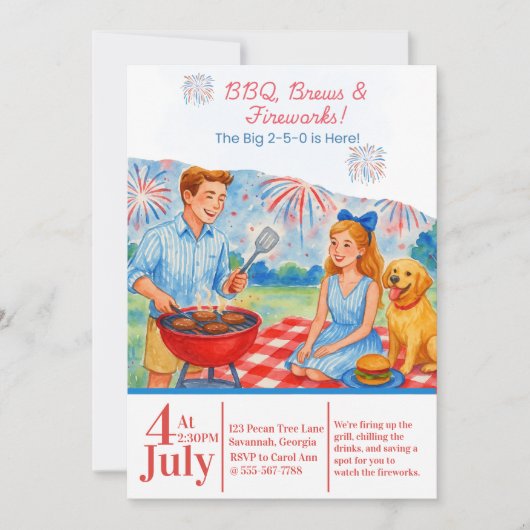 Retro BBQ Brews Fireworks Picnic 4th of July 250th 招待状 (正面)