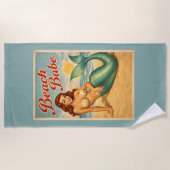 Retro Beach Babe Pin-Up Mermaid | Teal Mermaidcore ビーチタオル (正面)