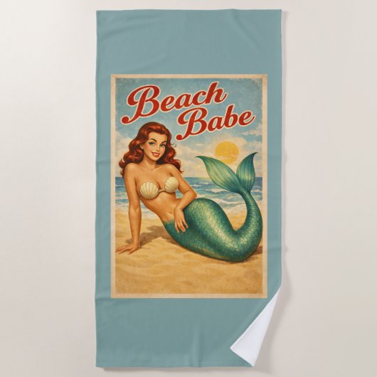 Retro Beach Babe Pin-Up Mermaid | Teal Mermaidcore ビーチタオル (正面)