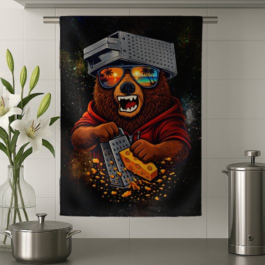 Retro Bear With Cheese Grater Hat and Sunglasses キッチンタオル