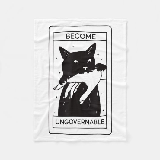 Retro Become Ungovernable Black Cat Biting Hand Fu フリースブランケット (正面)