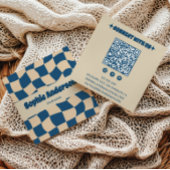 Retro Beige & Blue Wavy Checkerboard with QR Code  スクエア名刺