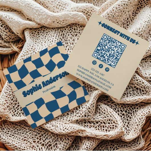 Retro Beige & Blue Wavy Checkerboard with QR Code  スクエア名刺