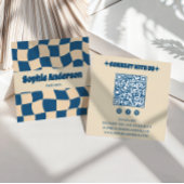Retro Beige & Blue Wavy Checkerboard with QR Code  スクエア名刺