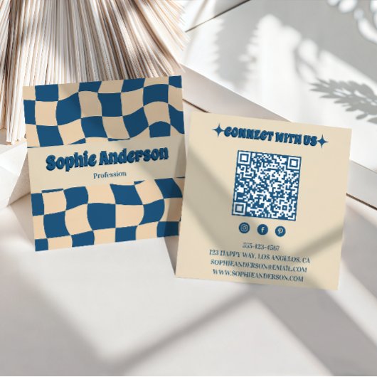 Retro Beige & Blue Wavy Checkerboard with QR Code  スクエア名刺