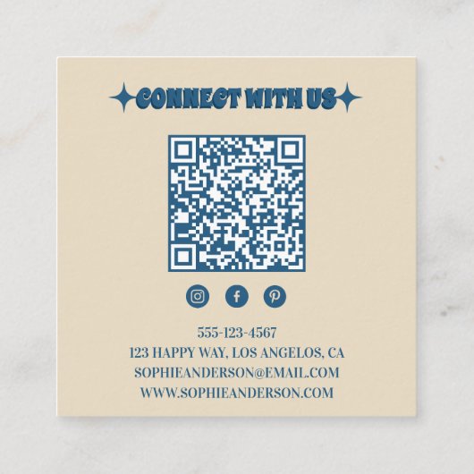 Retro Beige & Blue Wavy Checkerboard with QR Code  スクエア名刺 (裏面)