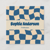 Retro Beige & Blue Wavy Checkerboard with QR Code  スクエア名刺 (正面)