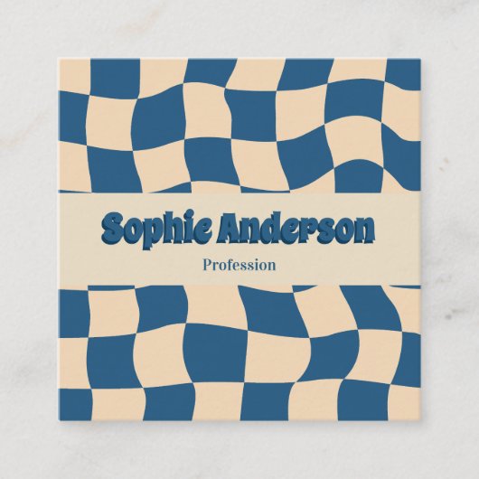 Retro Beige & Blue Wavy Checkerboard with QR Code  スクエア名刺 (正面)