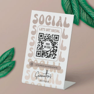 Retro Beige Modern Logo Social Media QR Code 台座サイン