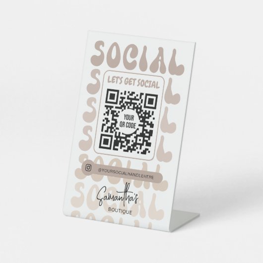 Retro Beige Modern Logo Social Media QR Code 台座サイン (正面)