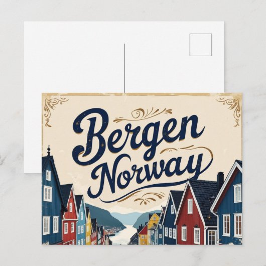 Retro Bergen Harbor View ポストカード (正面/裏面)