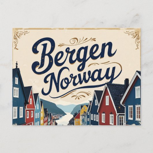 Retro Bergen Harbor View ポストカード (正面)