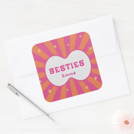 Retro Besties Pink & Orange Sunburst Personalized  スクエアシール (封筒)