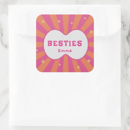Retro Besties Pink & Orange Sunburst Personalized  スクエアシール (バッグ)