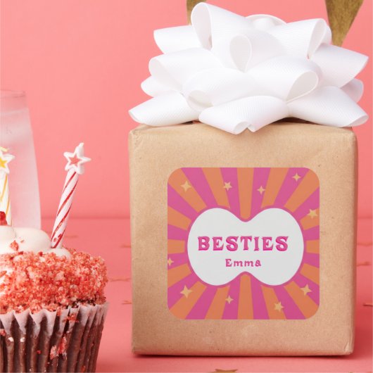 Retro Besties Pink & Orange Sunburst Personalized  スクエアシール (パーティー)