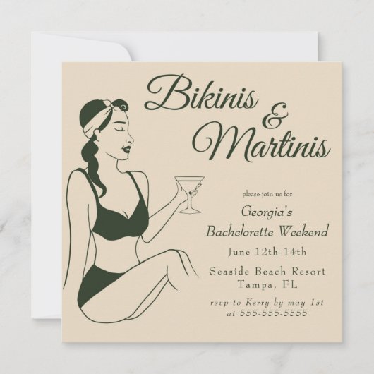 Retro Bikinis & Martinis Bachelorette 招待状 (正面)