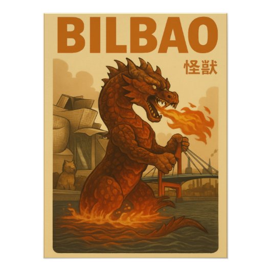 Retro Bilbao Travel Poster - Spanish Kaiju Monster ポスター (正面)