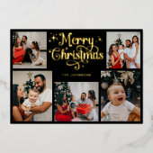 Retro Black and Gold Merry Christmas Family Photo 箔シーズンカード (正面)