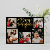 Retro Black and Gold Merry Christmas Family Photo 箔シーズンカード (立ち正面)