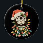 Retro Black Cat Christmas Lights Funny Xmas Santa セラミックオーナメント<br><div class="desc">Retro Black Cat Christmas Lights Funny Xmas Santa Hat</div>