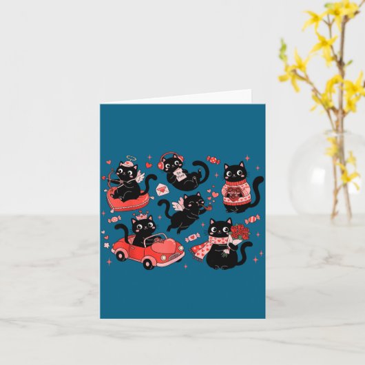Retro Black Cat Heart Valentines Day Cute Kitten L カード (黄色い花)