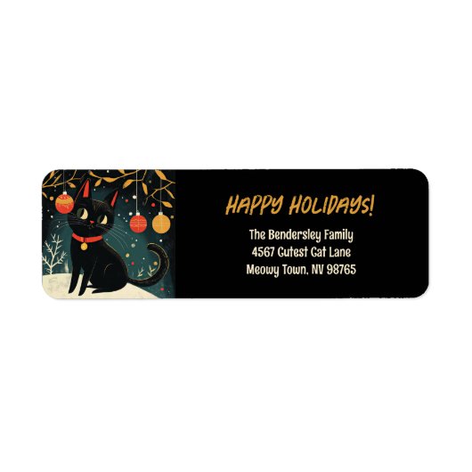 Retro Black Cat Holiday Fun Return Address Labels ラベル (正面)