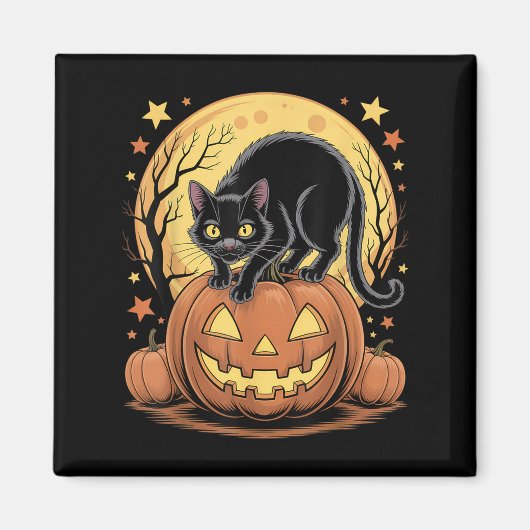 Retro Black Cat Pumpkin Funny Halloween  マグネット (正面)