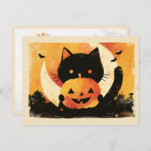 Retro Black Cat with Jack O' Lantern シーズンポストカード (正面/裏面)
