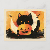 Retro Black Cat with Jack O' Lantern シーズンポストカード (正面)